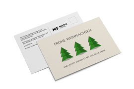 Firmen-Weihnachtspostkarte „Drei Tannenbäume“