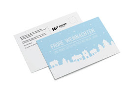 Firmen-Weihnachtspostkarte „Winterdorf blau“